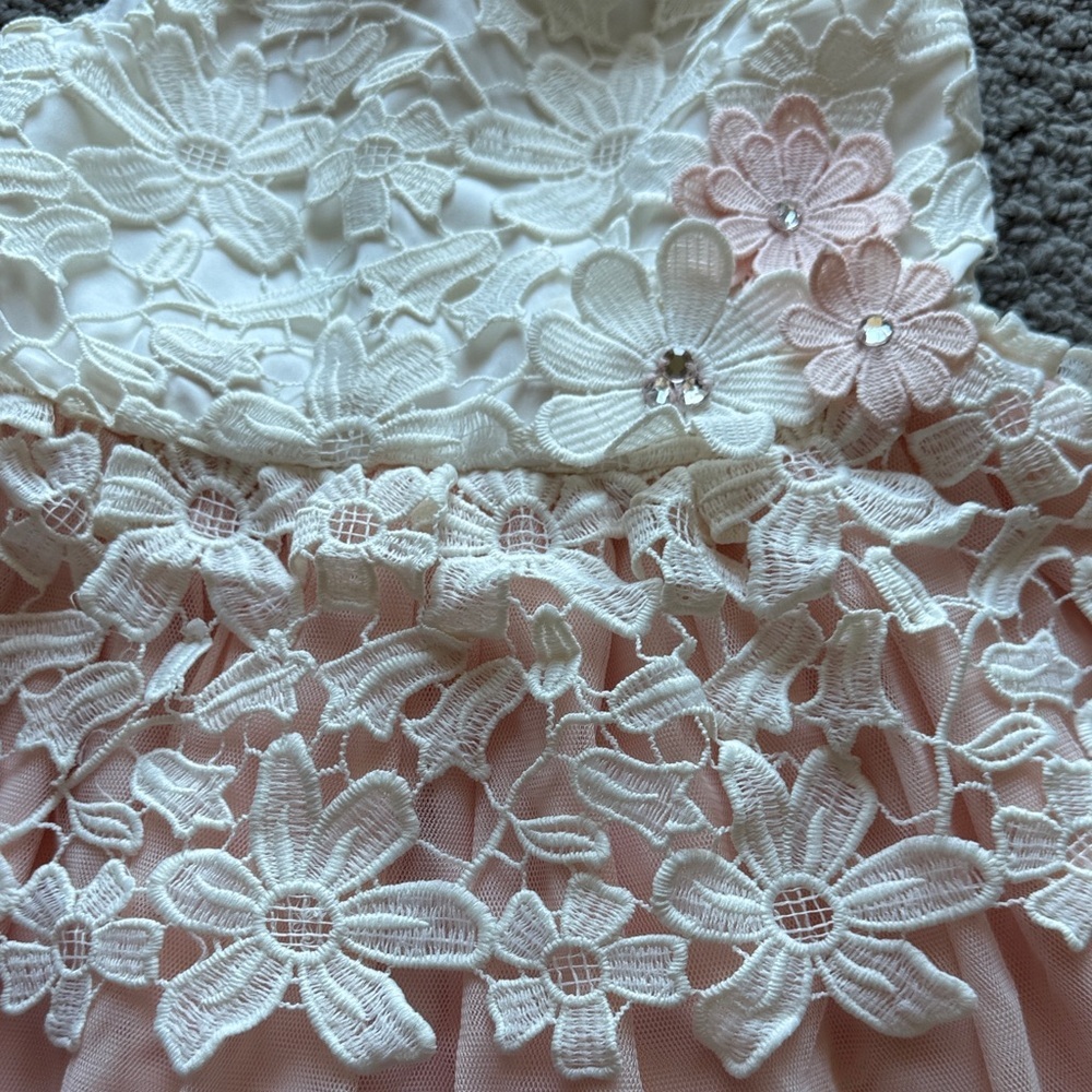 Girls' Ivory Lace Bodice with Blush Pink Tulle Skirt Formal Dress - Picture 3 of 7
